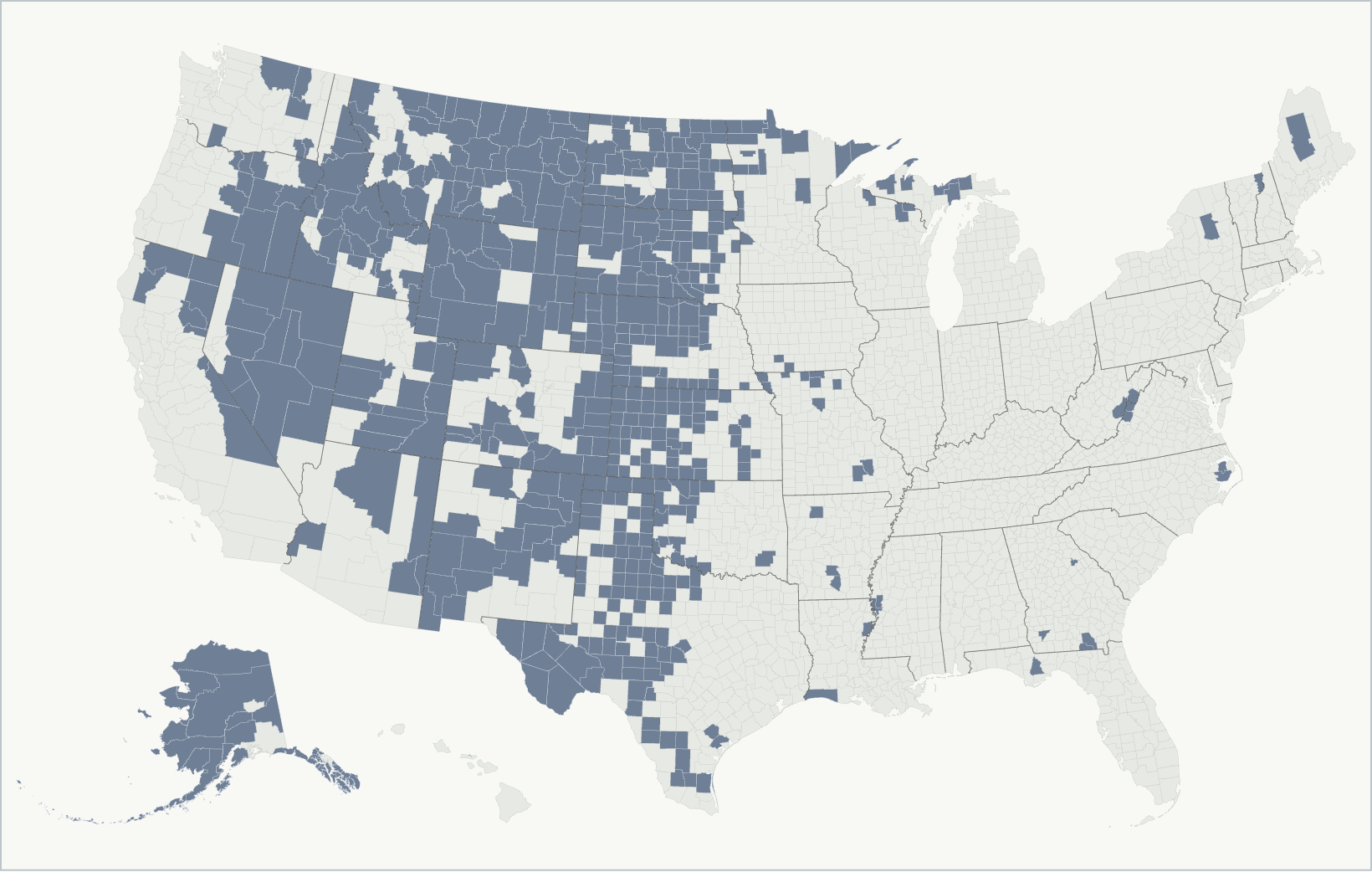 Map showing sparsely populated U.S. counties