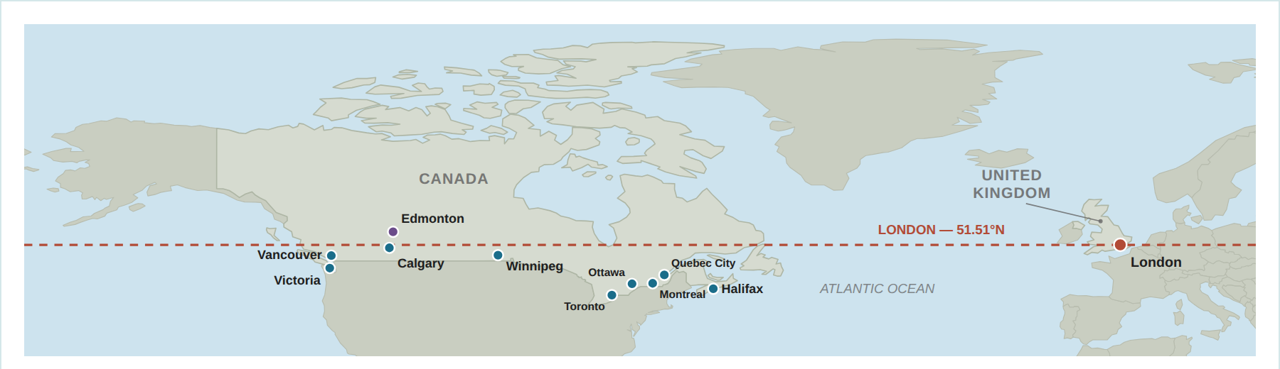 Map showing London north of most major Canadian cities